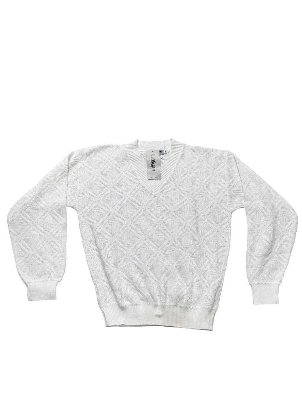 Lavane New York White V-Neck Sweater Medium Textured Diamond Pattern NEW Vintage